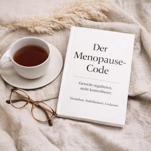 May include: A white teacup and saucer with tea, a book titled "Der Menopause-Code", and a pair of gold-rimmed glasses rest on a beige cloth. The book's cover has black text. Dried plants are in the background.