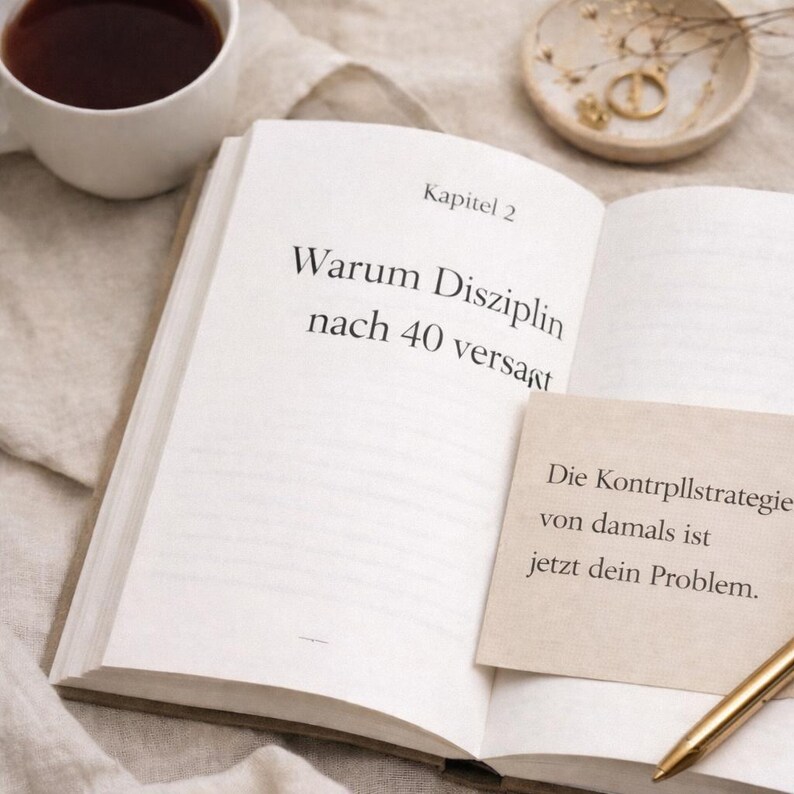 May include: An open book with German text, a sticky note, and a pen. The book's title reads "Warum Disziplin nach 40 versagt." A cup of coffee and a small dish with jewelry are also present.