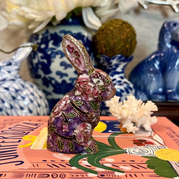 Cloisonne Floral Bunny Rabbit Figurine with Gold Trim