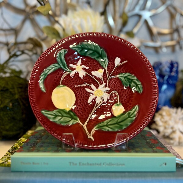 Bordallo Pinheiro Portugal Red Majolica Plate with Lemons