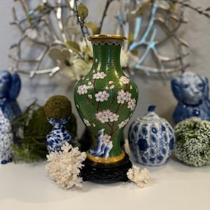DISCOUNTED: Vintage Green Cloisonne Vase with Small Pink Flowers - Stand Included