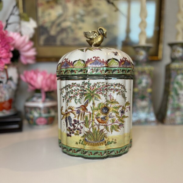 Vintage Asian Porcelain Jar / Canister / Urn with Swan Lid