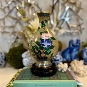 DISCOUNTED: Cloisonne Vase with Pink and Blue Flowers - Stand Included