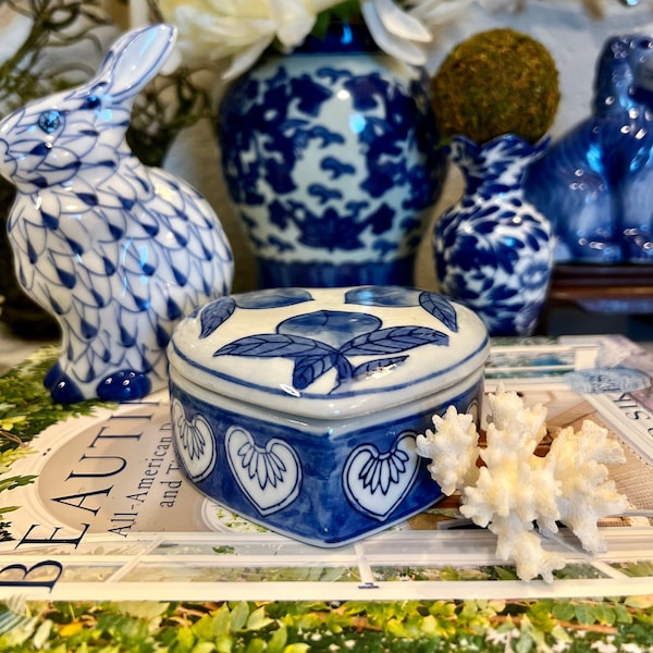 Blue and White Heart Shaped Porcelain Trinket Box with Peaches on Lid