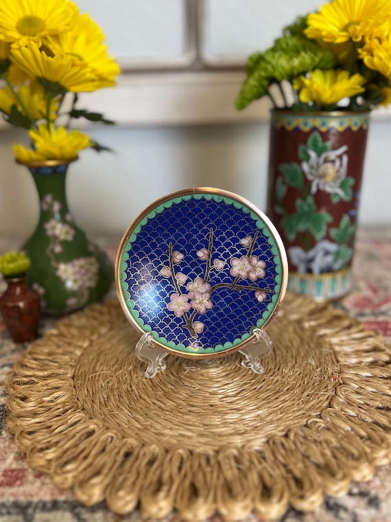 Small Cobalt Blue Cloisonne Trinket Dish with Pink