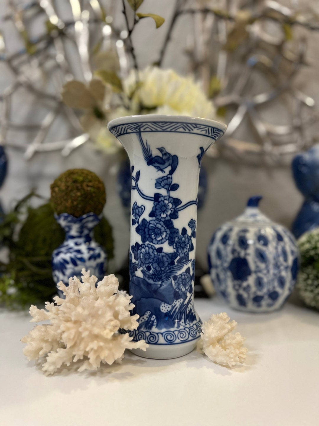 Vintage Blue and White Decorative Vase Etsy