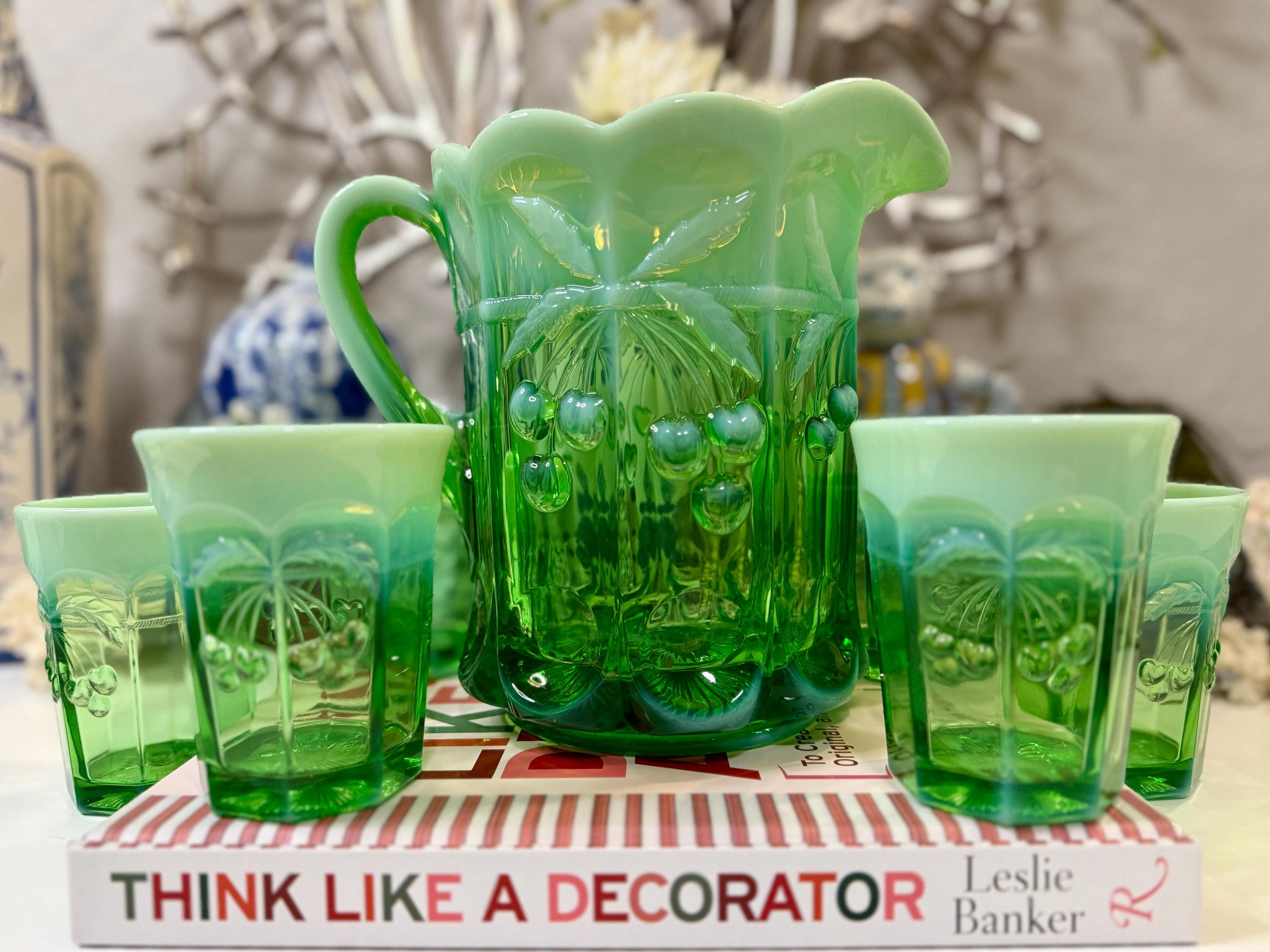 Mosser Glass Opalescent Green Cherry Thumbprint Pitcher and 6