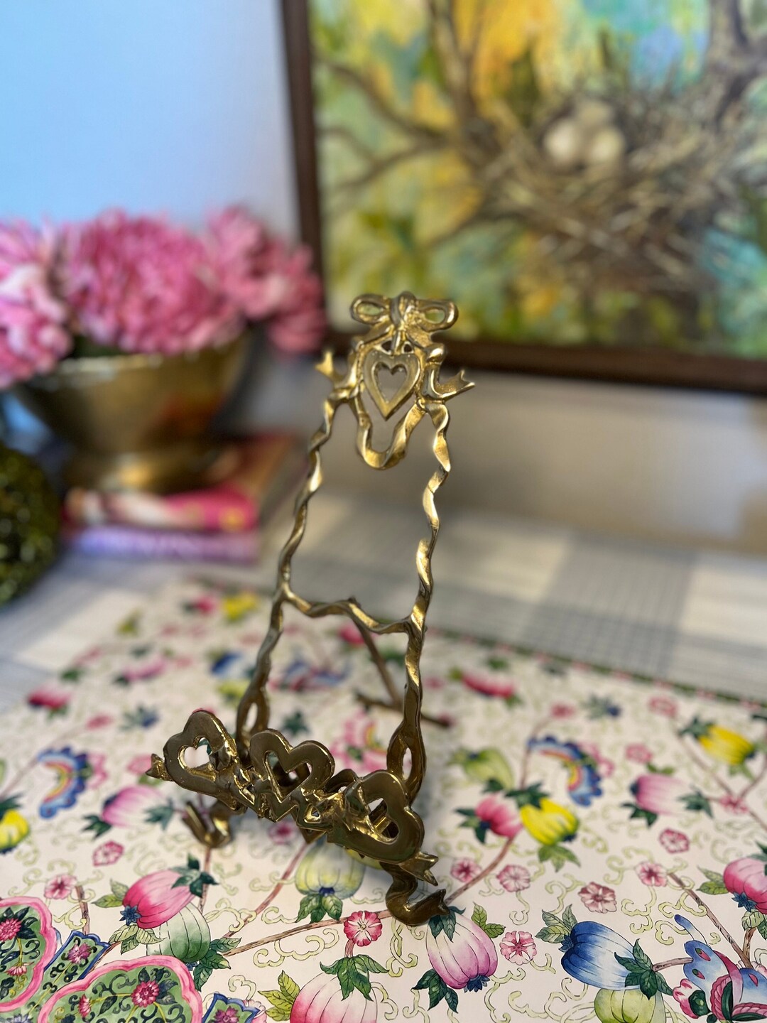 Vintage Brass Easel Display Stand With Hearts and a Bow Etsy
