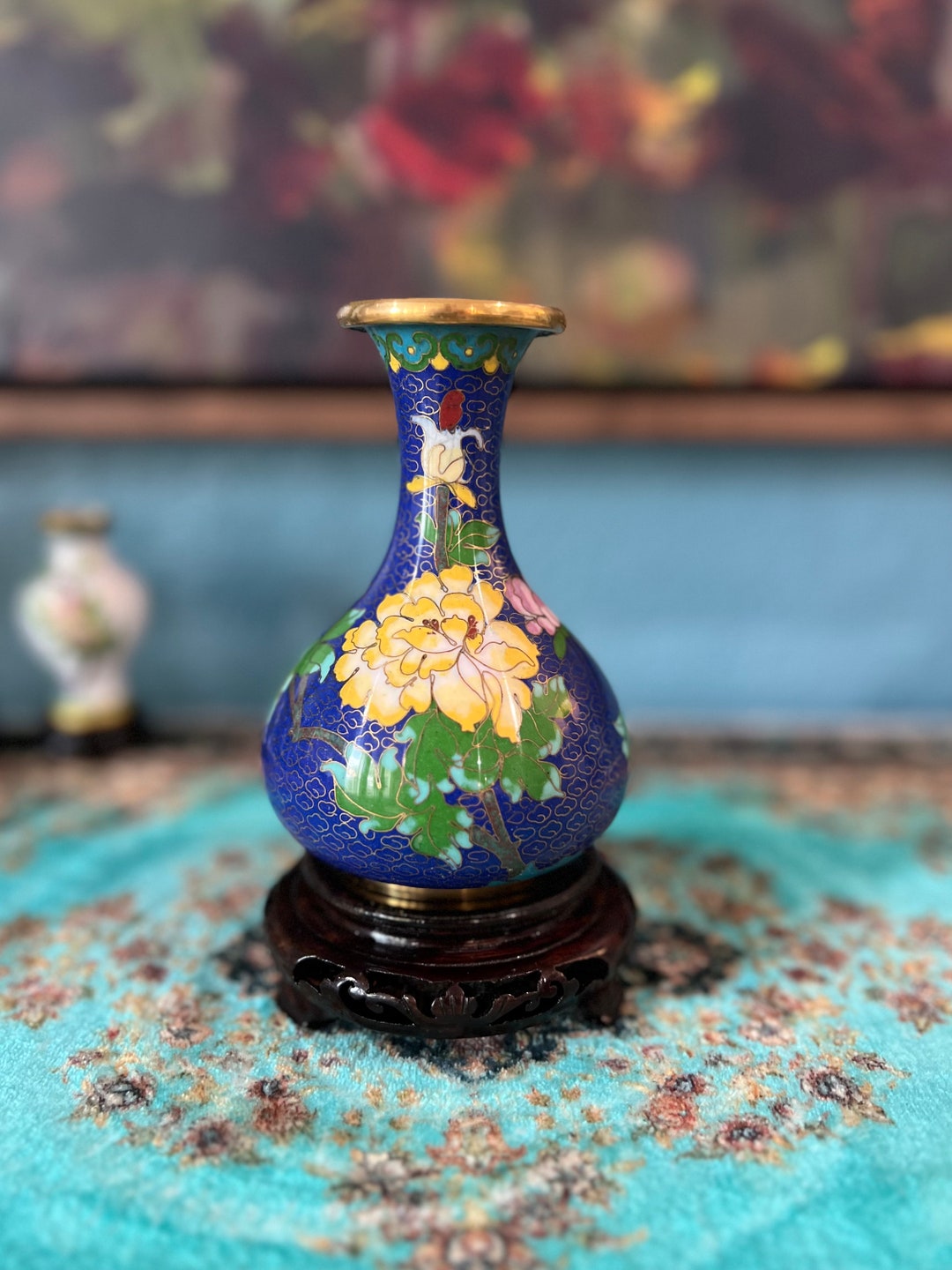 Vintage Blue Cloisonne Enameled Brass Vase With Pretty Yellow and Pink