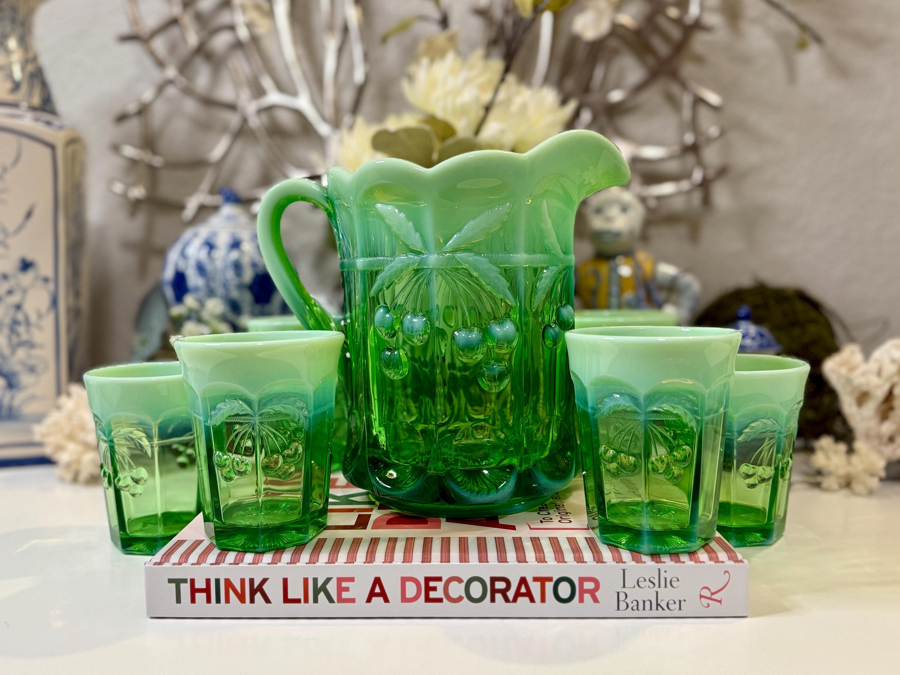 Mosser Glass Opalescent Green Cherry Thumbprint Pitcher and 6