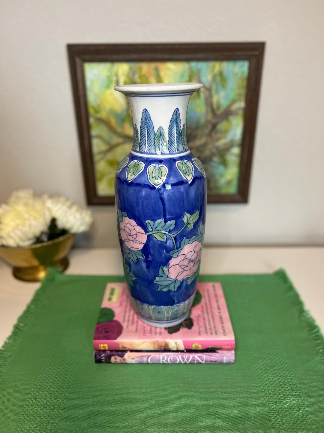 Vintage Chinese Blue Vase With Pink Flowers Etsy