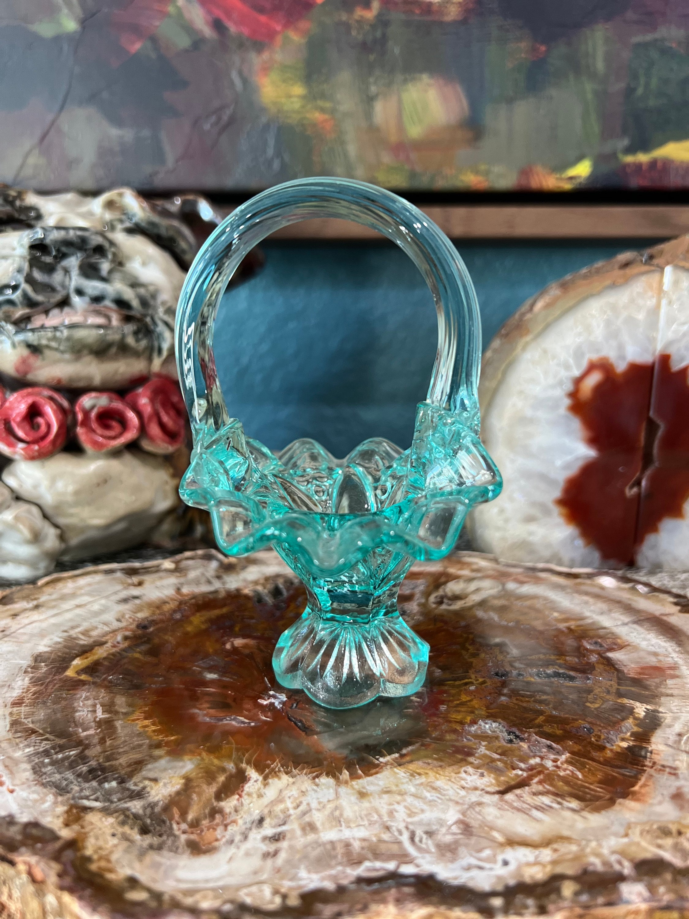 フェントン アクアグリーン デイジー＆ボタン イリデセントグラス ミニバスケット Fenton Mini Basket