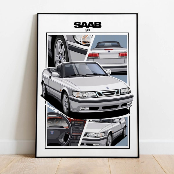 SAAB 93 OG Cabrio Cabrio Convertible Argent Saab Affiche Wall Art Enfants Homme Cadeau Salle Bureau Maison Garage Affiche d’art mural