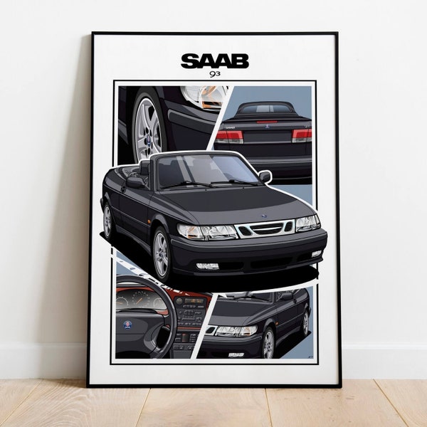 SAAB 93 OG Cabrio Convertible Black Saab Poster Wall Art Kids Man Gift Room Office Home Garage Wall art poster