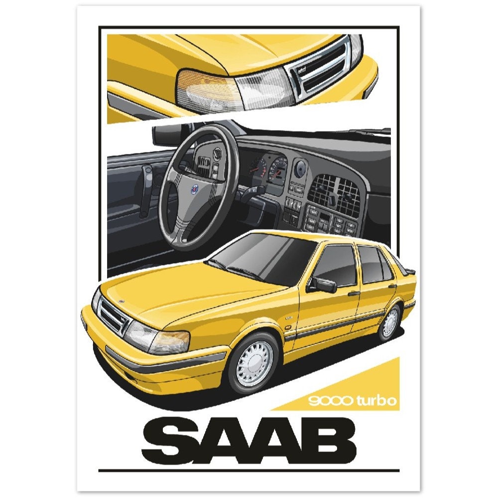 Saab 9000 Turbo Poster Saab Car Wall Poster Yellow Classic Car Poster ...