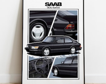 Saab 900 Turbo poster Saab car wall poster Black Classic Vintage Saab Poster Wall Art Kids Man Gift Room Office Home Garage Wall art poster