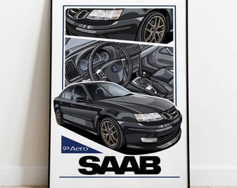 SAAB 93 Aero Cabrio Black Saab Poster Wall Art Kids Man Gift Room Office Home Garage Wall art poster