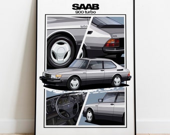 Saab 900 Turbo poster Saab car wall poster Silver Classic Vintage Saab Poster Wall Art Kids Man Gift Room Office Home Garage Wall art poster