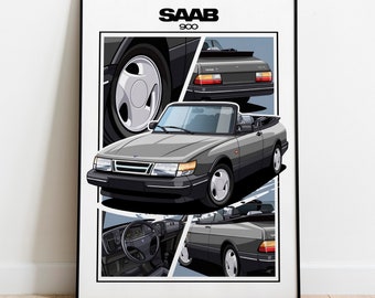 Saab 900 Cabrio poster car wall poster Grey Classic Vintage Saab Poster Wall Art Kids Man Gift Room Office Home Garage Wall art poster