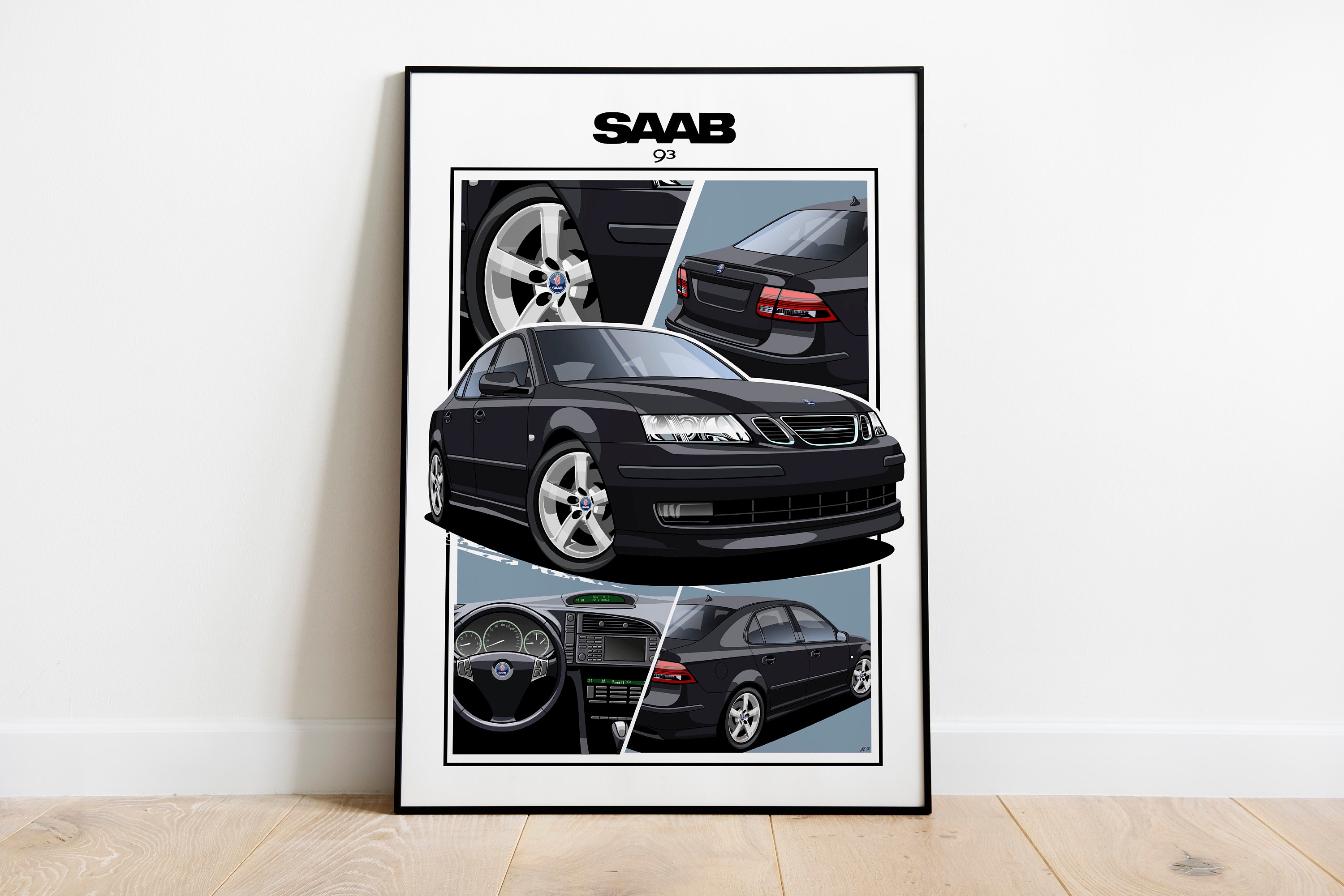SAAB 93 Poster Sport Sedan Black Saab Car Wall Poster Wall Art Man Room ...