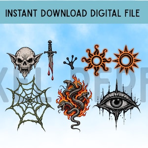 Puede incluir: Un archivo digital que presenta una colección de ilustraciones gráficas que incluyen un cráneo de vampiro, una daga ensangrentada, una pata de rana, dos símbolos solares, una telaraña, una serpiente de varias cabezas en llamas y un ojo detallado.