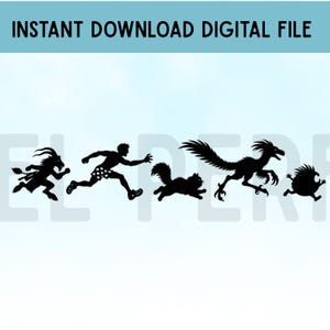 Può includere: Un file digitale che presenta una grafica a silhouette nera di cinque figure in corsa: una creatura caprina, una persona con pantaloncini a fantasia, un gatto soffice, un dinosauro piumato e una piccola creatura rotonda, con il testo INSTANT DOWNLOAD DIGITAL FILE.