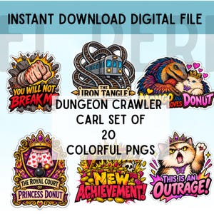 May include: A digital collection of 20 colorful PNG stickers featuring Dungeon Crawler Carl themes. Designs include a fist breaking through stone, a train on tracks, a dinosaur with a cat, heart-patterned boxers, gold coins, and a cat.
