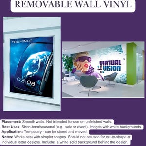 May include: Removable wall vinyl decal featuring a woman wearing sunglasses and a purple jacket with the text "VIRTUAL VISION" on a white background. The decal is shown applied to a wall in a modern office setting.