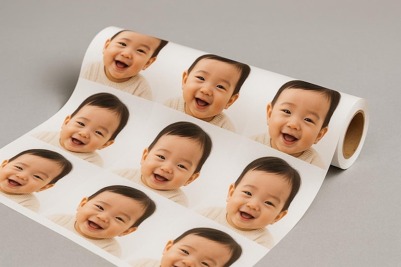 May include: A roll of stickers featuring multiple images of a smiling baby. The baby has dark hair and is wearing a light-colored sweater. The stickers are on a white background.
