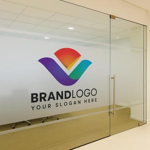 May include: Glass door with a colorful logo featuring a stylized design in purple, orange, and teal. The logo is above the text "BRANDLOGO" and "YOUR SLOGAN HERE" in black.