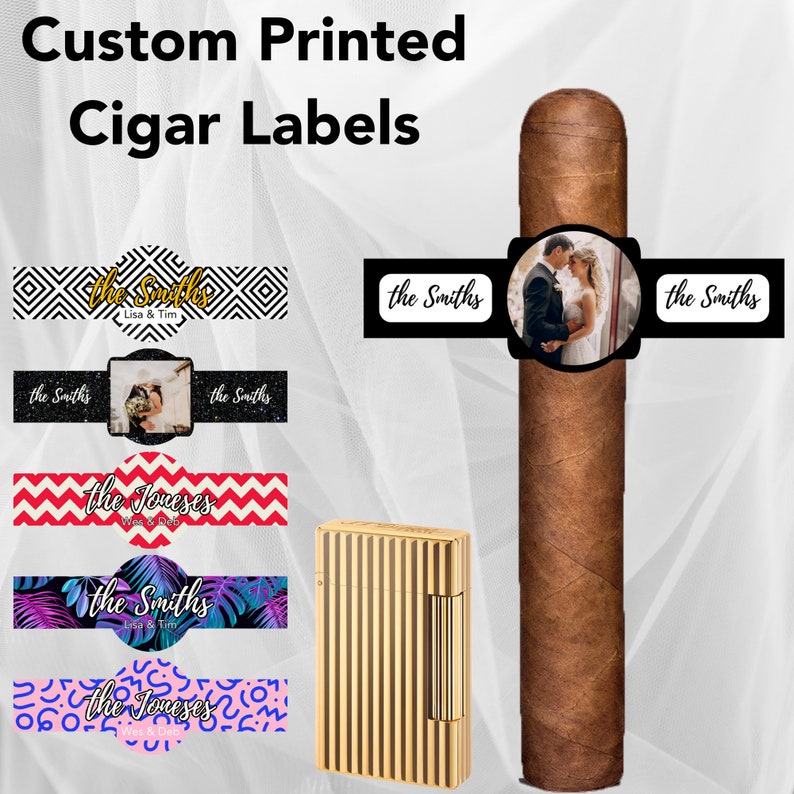 May include: Custom printed cigar labels with different designs and text. The labels feature a black and white geometric pattern, a red and white chevron pattern, a tropical leaf pattern, and a colorful abstract pattern. The labels also include the text "the Smiths" and "the Joneses".