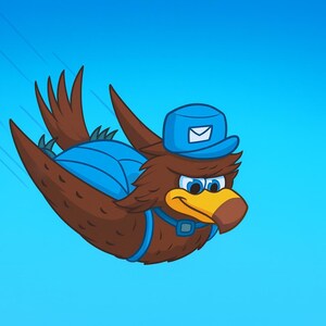 May include: Cartoon illustration of a brown bird with a blue hat and mail carrier uniform, flying against a blue sky. The bird has a yellow beak and is carrying a blue satchel. The image has a whimsical, animated style.