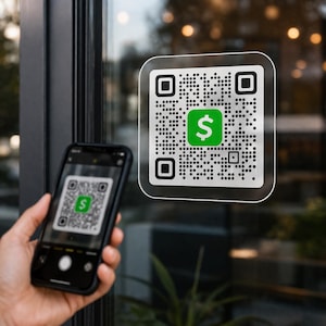May include: A clear, square QR code sticker with a green dollar sign in the center is displayed on a glass surface. A smartphone is held in front of the sticker, displaying a similar QR code on its screen.
