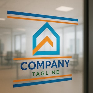 May include: A logo featuring a blue house outline with an orange arrow inside, above the word "COMPANY" in blue and "TAGLINE" in green. Blue and orange horizontal lines frame the logo.