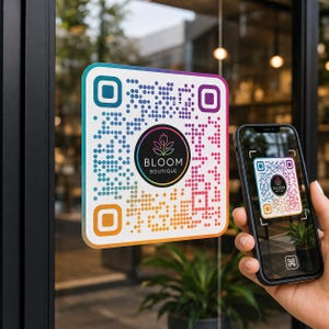 May include: A colorful QR code sticker with the text "BLOOM BOUTIQUE" is displayed on a glass window. A smartphone is held up to scan the code. The sticker has a gradient of colors.