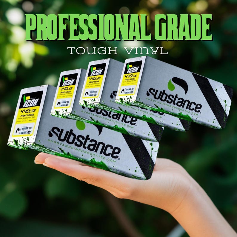 May include: Four stacks of professional grade vinyl, each labelled "ICON 440SE PRINT MEDIA" and "substance SUBSTANCEINCORPORATED.COM". The stacks are held in a hand against a green background.