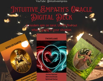 May include: Three oracle cards with a red, blue, and green background. The cards are titled "King of Earth", "Twin Flame", and "Queen of Earth". Each card has a description of the card's meaning.