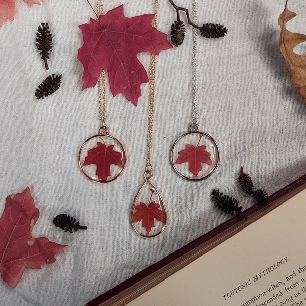 Handmade Maple Leaf Pendant, Gold or Silver toned Necklace with Resin and Real Preserved Leaf