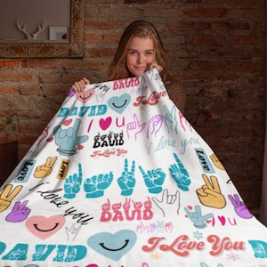 Manta ASL, Manta de peluche con nombre ASL, Manta personalizada, Regalo ASL &quot;Te amo&quot;, Manta con nombre del alfabeto ASL, Manta de regalo en lenguaje de señas americano