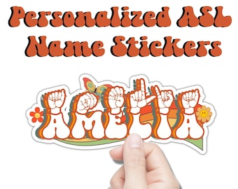 Adhesivo personalizado con nombre en lengua de señas americana (ASL), calcomanía retro de lenguaje de señas arcoíris