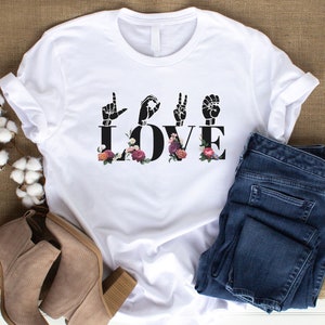 Asl Love Shirt, Amerikaanse Gebarentaal TShirt voor vrouwen, Vintage Floral Shirt, ASL Tee Shirts, ILY Asl Vriend Gift, Handspelled Asl T-Shirt