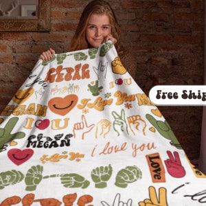Manta ASl, Decoración del nombre asl de felpa, Manta personalizada, Te amo regalo asl, Nombre del alfabeto Asl, Regalo de lenguaje de señas para el otoño, Signo de mano ILY