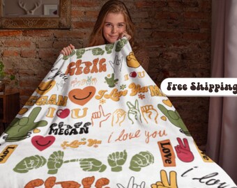 ASl Decke, Plüsch asl Name Dekor, personalisierte Decke, I love you asl Geschenk, Asl Alphabet Name, Gebärdensprache Geschenk für den Herbst, Hand Zeichen ILY