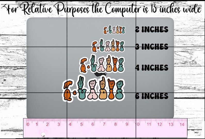 May include: A ruler measuring 14 inches is placed below a laptop computer screen. The screen has four rows of colourful hand-drawn stickers with the word "QUADRIS" written in each row. The stickers are arranged in a staggered pattern. The text "2 INCHES", "3 INCHES", "4 INCHES", and "6 INCHES" is written to the right of each row of stickers.