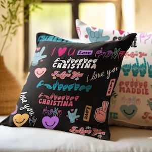 Almohada Asl ILY personalizada, regalo de lenguaje de señas americano, decoración del hogar de colores Asl, regalo de intérprete, nombre Asl personalizado, regalo del Día de las Madres Asl