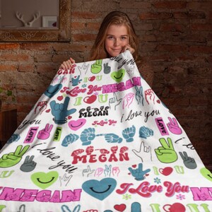 Manta ASl, manta de nombre asl de felpa, manta personalizada, te amo regalo asl, nombre del alfabeto asl, lanzamiento de mano de lenguaje de señas personalizado