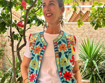 Gilet en coton, bleu, vintage, gilet, folk indien, ethnique, style bohème, suzani, boho, fleurs, bleu, coton, taille unique, taille unique.