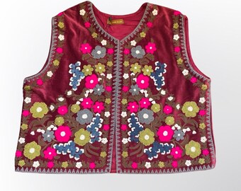 Chaleco, terciopelo,burgundy ,vintage, vest, Indian folk, ethnic, bohemian style, Suzani, boho, flowers, velvet, talla única, one size.