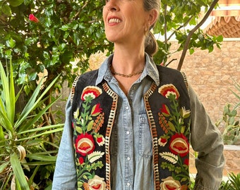 Damesvest, fluweel, zwart, vintage, damesvest, Indiase folk, etnisch, boho stijl, Suzani, boho, gilet, fluweel, één maat.