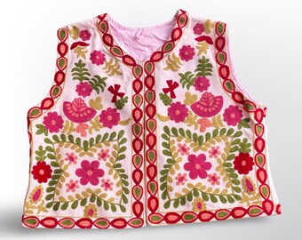 Chaleco algodón, pink , vintage, vest, Indian folk, ethnic, bohemian style, suzani, boho, flowers, cotton, talla única, one size.